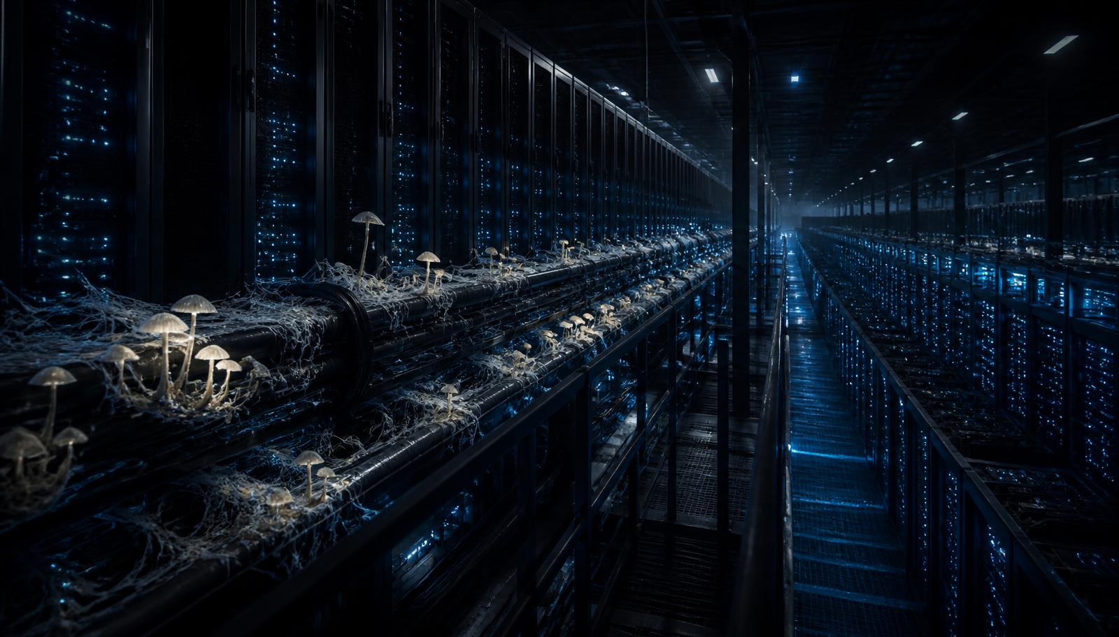 Gazillion hyperscale datacentre with mycelium-integrated cable trays